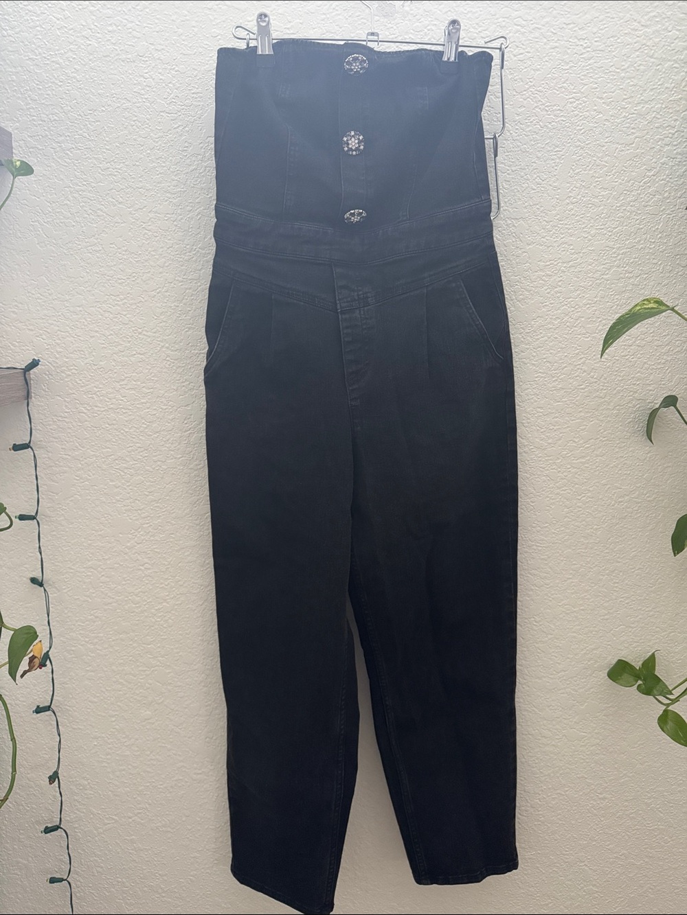 H&M Black Strapless Denim Jumpsuit Wide Leg Rhinestone Buttons Size S